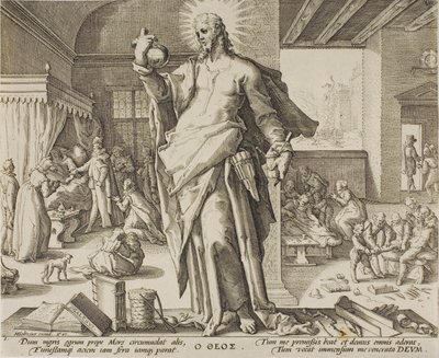 Lekarz uważany za Boga, tabliczka pierwsza z Alegorii zawodu lekarza. autorstwa Hendrick Goltzius