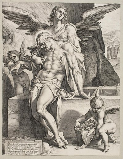 Ciało Chrystusa podtrzymywane przez anioła autorstwa Hendrick Goltzius