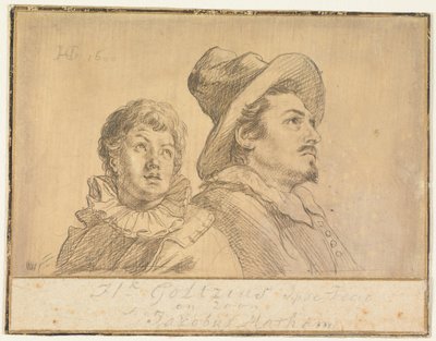 Dwóch mężczyzn, prawdopodobnie Jan Matthijs Ban i Philips van Winghe (strona przednia). Chłopiec w kapeluszu, przedstawiony do połowy postaci. W ramionach trzyma martwego starca (strona tylna) autorstwa Hendrick Goltzius