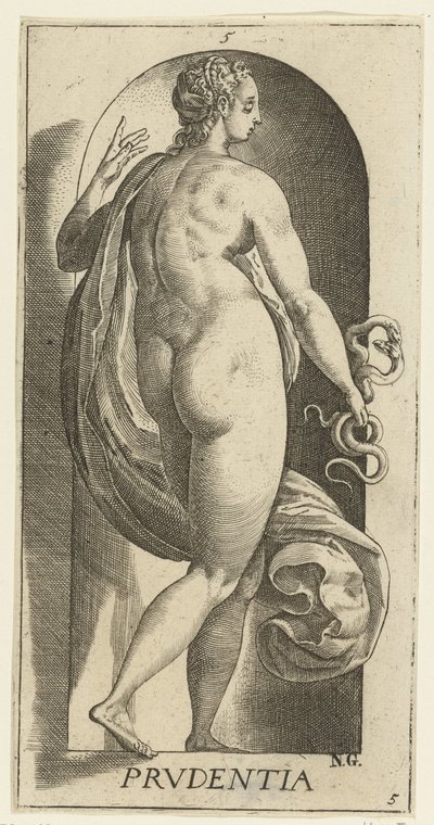 Ostrożność Prudentia (tytuł na przedmiocie) Siedem cnót (tytuł serii) autorstwa Hendrick Goltzius
