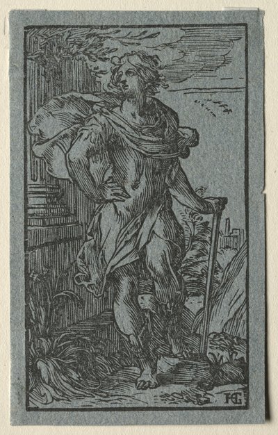 Młody mężczyzna stojący z laską autorstwa Hendrick Goltzius