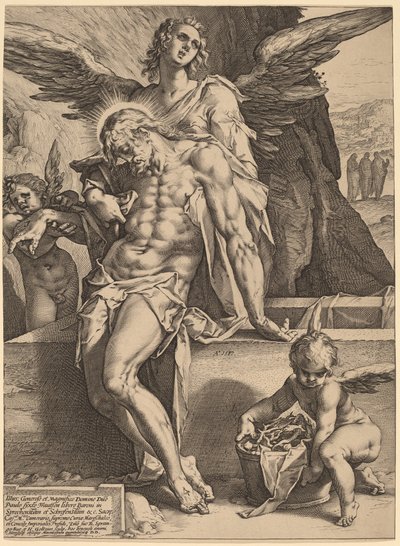 Ciało Chrystusa wspierane przez aniołów autorstwa Hendrick Goltzius, after Bartholomaeus Spranger