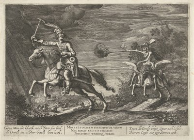 Jeździec i Śmierć No Man soo kloeck, ani Animal tak szybko, zabija i dobrze je znajduje (tytuł na obiekcie) autorstwa Hendrick Hondius (I)