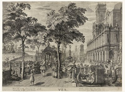 skok Wiosna, towarzystwo na zamku Ver (tytuł na obiekcie) Cztery pory roku (tytuł serii) autorstwa Hendrick Hondius (I)