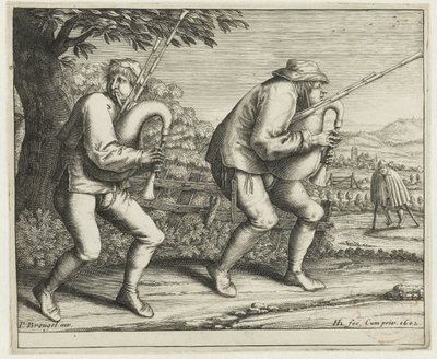 Dwóch dudziarzy Pielgrzymka do Molenbeek (tytuł serii) autorstwa Hendrick Hondius (I)