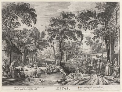 Lato, towarzystwo nad jeziorem Aesty (tytuł na obiekcie) Cztery pory roku (tytuł serii) autorstwa Hendrick Hondius (I)