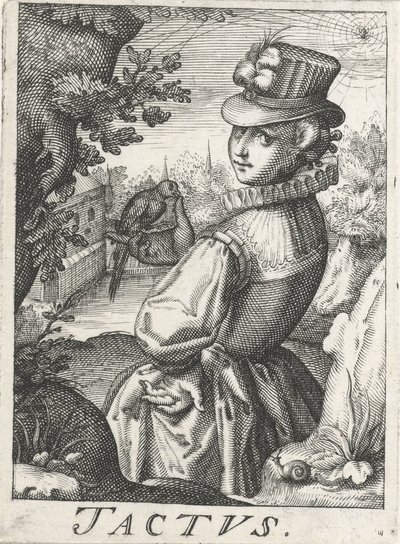 Uczucie (Tactus), kobieta z ptakiem Tactus (tytuł na obiekcie) Pięć zmysłów (tytuł serii) autorstwa Hendrick Hondius (rejected attribution)