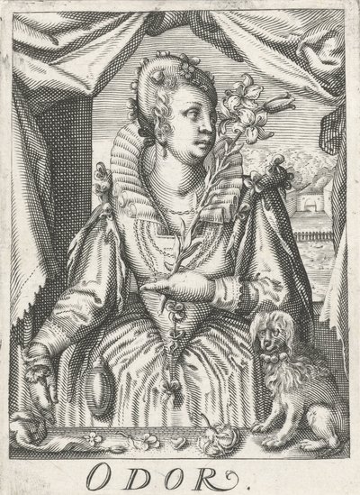 Zapach (zapach), kobieta z gałązką kwiatową Zapach (tytuł na przedmiocie) Pięć zmysłów (tytuł serii) autorstwa Hendrick Hondius (rejected attribution)
