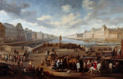 Widok na Paryż z Luwrem z mostu Henryka IV (Actuel Pont Neuf). Obraz Hendricksa Mommersa (1623-1693) autorstwa Hendrick Mommers