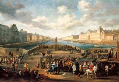 Widok Paryża z Luwrem z mostu Henryka IV (Pont neuf) - olej na płótnie autorstwa Hendrick Mommers