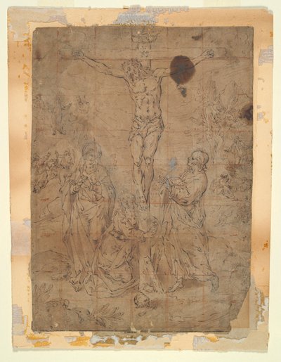 Chrystus na krzyżu między Dziewicą a św. Janem ze scenami Męki Pańskiej w tle autorstwa Hendrick de Clerck