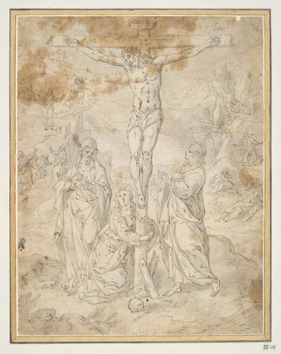 Chrystus na krzyżu między Dziewicą a św. Janem ze scenami Męki Pańskiej w tle autorstwa Hendrick de Clerck