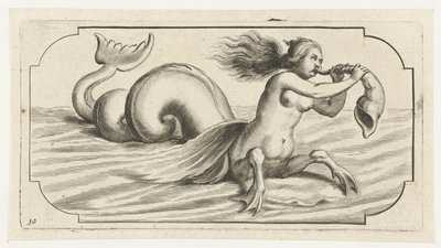 Postać kobieca wieje na muszli Nouveau Livre des Dieux et Deeßes De la Marine Bouckje of Sea Gods and Goddesses (tytuł serii) autorstwa Hendrick de Keyser (I)