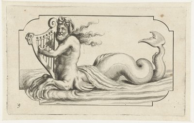 Triton grający na harfie Nouveau Livre des Dieux et Deeßes De la Marine Bouckje of Sea Gods and Goddesses (tytuł serii) autorstwa Hendrick de Keyser (I)