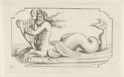 Triton grający na harfie Nouveau Livre des Dieux et Deeßes De la Marine Bouckje of Sea Gods and Goddesses (tytuł serii) autorstwa Hendrick de Keyser (I)