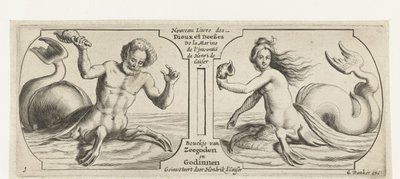 Dwie komory, w każdej tryton Nouveau Livre des Dieux et Deeßes De la Marine Bouckje of Sea Gods and Goddesses (tytuł na obiekcie) Nouveau Livre des Dieux et Deeßes De la Marine Bouckje of Sea Gods and Goddesses (tytuł serii) autorstwa Hendrick de Keyser (I)