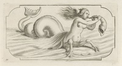Postać kobieca wieje na muszli Nouveau Livre des Dieux et Deeßes De la Marine Bouckje of Sea Gods and Goddesses (tytuł serii) autorstwa Hendrick de Keyser (I)