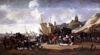 Scena na wybrzeżu w pobliżu Scheveningen autorstwa Hendrick de Meyer