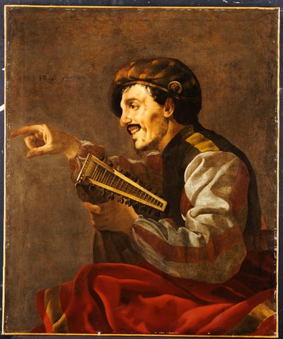 Siedzący lutanista wskazujący autorstwa Hendrick ter Brugghen