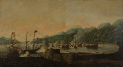 Holenderska eskadra pod dowództwem Cornelisa Simonsza van der Veera przeprowadza atak z zaskoczenia na trzy galeony portugalskie w zatoce Goa Velha, 30 września 1639 autorstwa Hendrick van Anthonissen