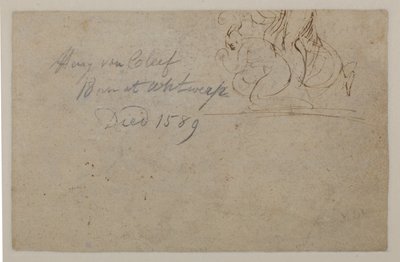 Adnotacja z późniejszej ręki. Szkic kucającej postaci i konia stojącego na dębie, ?, XVI w. autorstwa Hendrick van Cleve