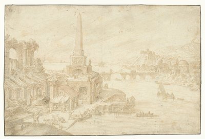 Obelisk naast ruin Regiony, Wieś, Fundorum (...) (tytuł serii) autorstwa Hendrick van Cleve