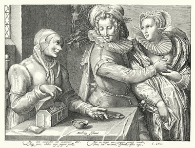 Młody mężczyzna wybierający miłość do piękna zamiast bogactwa (rycina) autorstwa Hendrik (after) Goltzius