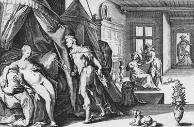 Merkury wchodzi do pokoju Herse po zamianie Agraulosa w kamień, z Owidiusza, Metamorfozy, Księga II - Anonimowy, Holenderski autorstwa Hendrik (after) Goltzius