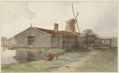 Wiatrak z drewnianymi budynkami w pobliżu Amsterdamu autorstwa Hendrik Abraham Klinkhamer