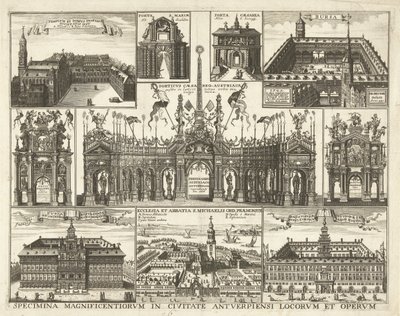 Blad met tien voorsetningen van de intocht van de Kardinaal Infant Ferdinand te Antwerpen, 1635 Okazy najwspanialszych miejsc i dzieł w mieście Antwerpia (tytuł na obiekcie) autorstwa Hendrik Causé