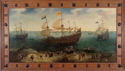 Amsterdamski czteromasztowy statek De Hollandsche Tuyn i inne statki wracają z Brazylii pod dowództwem Paulusa van Heerdena autorstwa Hendrick Cornelisz. Vroom