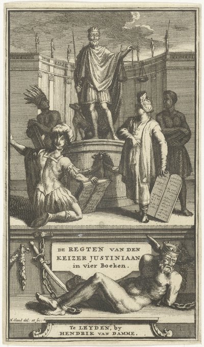 Strona tytułowa praw cesarza Justyniana, Leiden, 1705 REGUŁY CESARZA JUSTYNIANA w czterech księgach (tytuł na przedmiocie) autorstwa Hendrik Elandt