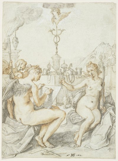 Alegoria o sztuce rysowania z godłem artysty, 1612 (tusz, kreda i gwasz na papierze) autorstwa Hendrik Goltzius