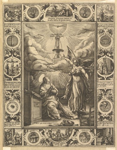 Ave Maria, z Alegorycznych scen z życia Chrystusa, z Alegorii chrześcijańskich i świeckich. autorstwa Hendrik Goltzius