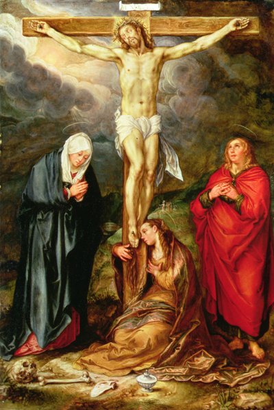 Chrystus na krzyżu, z Marią, św. Janem i Magdaleną, ok. 1600 (olej na miedzi) autorstwa Hendrik Goltzius