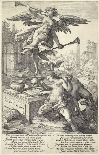 Sława i historia, od rzymskich bohaterów, 1586 autorstwa Hendrik Goltzius