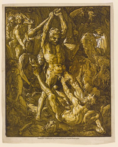 Herkules i Kakus, 1588 (drzewo światłocieniowe na papierze wykładanym) autorstwa Hendrik Goltzius