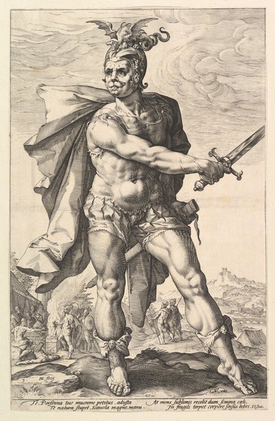 Mucius Scaevola z serii Bohaterowie rzymscy, 1586. autorstwa Hendrik Goltzius