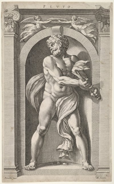 Pluton, na verso szkice postaci, czterech głów i kolumny, 1592. autorstwa Hendrik Goltzius