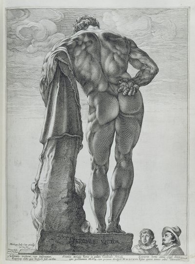 Widok z tyłu Farnese Hercules (grawerowanie miedzi) autorstwa Hendrik Goltzius