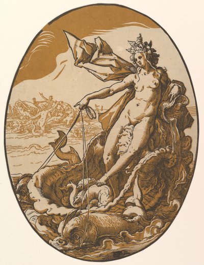 Tetyda leżąca w gigantycznym rydwanie z muszli ciągniętym przez dwa morskie stworzenia, 1588-90. autorstwa Hendrik Goltzius