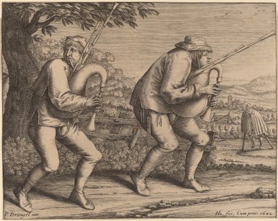 Dwóch dudziarzy autorstwa Hendrik Hondius I after Pieter Bruegel the Elder