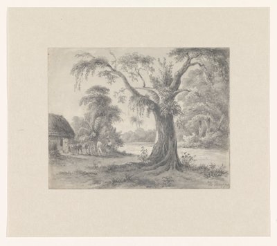 Pejzaż z drzewem i chatą z koniem i powozem oraz dwiema postaciami autorstwa Hendrik Huygens (signed by artist)