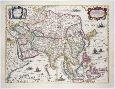 Mapa ogólna obejmująca Arabię, Japonię, Półwysep Koreański i większą część archipelagu indonezyjskiego, 1631 (kolorowe grawerowanie) autorstwa Hendrik I Hondius