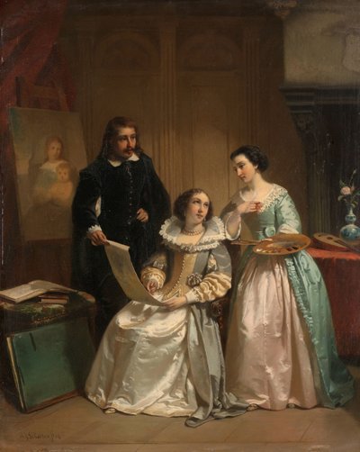 Gerard van Honthorst pokazuje rysunki swojej uczennicy Ludwiki z Czech Amalii van Solms autorstwa Hendrik Jacobus Scholten