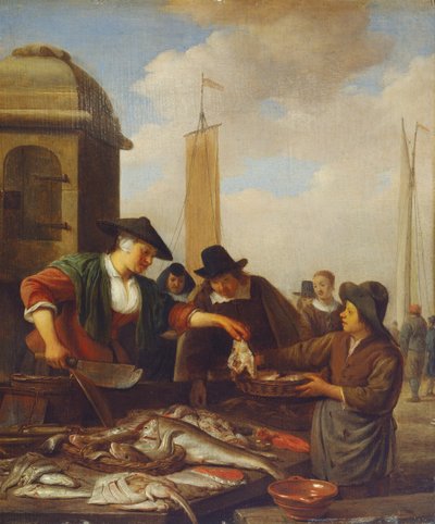Stoisko rybne w porcie (olej na desce) autorstwa Hendrik Martensz Sorgh