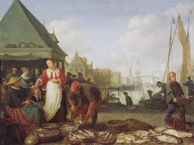 Targ Rybny w Rotterdamie (olej na desce dębowej) autorstwa Hendrik Martensz Sorgh