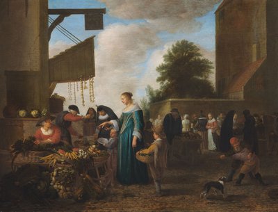 Targ warzywny, ok. 1660 (olej na drewnie dębowym) autorstwa Hendrik Martensz Sorgh