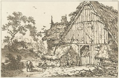 Boerderij spotkał twee mensen w de deuropening Dwanaście projektów obliczonych na użytek tych, którzy uczą się rysować krajobraz (tytuł serii) autorstwa Hendrik Meijer