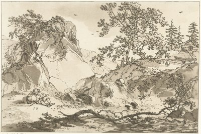 Heuvelachtig landschap met een rustende man Dwanaście projektów obliczonych na użytek tych, którzy uczą się rysować krajobraz (tytuł serii) autorstwa Hendrik Meijer